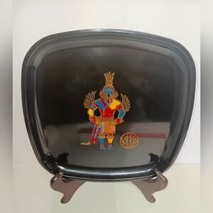 Couroc of Monterey CA Kachina Hopi Warrior Inlaid Plate Black Square Tray 8.5”